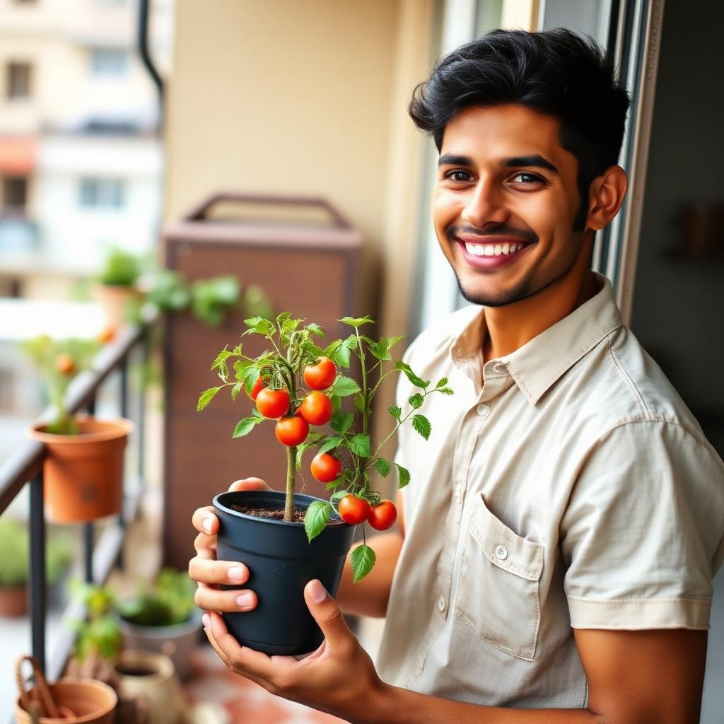 Beginner gardener holding a potted tomato plant on his balcony