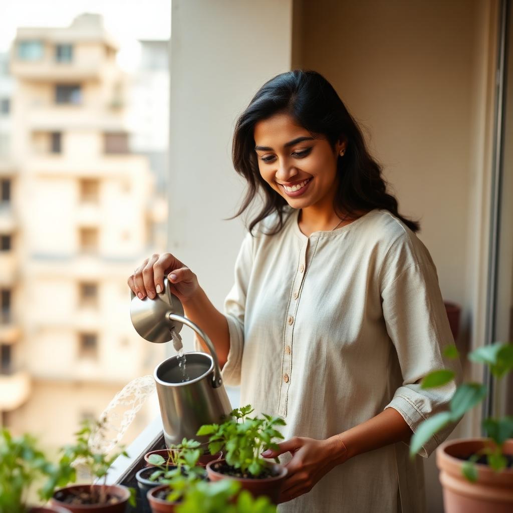 Beginner gardener watering herbs on her balcony